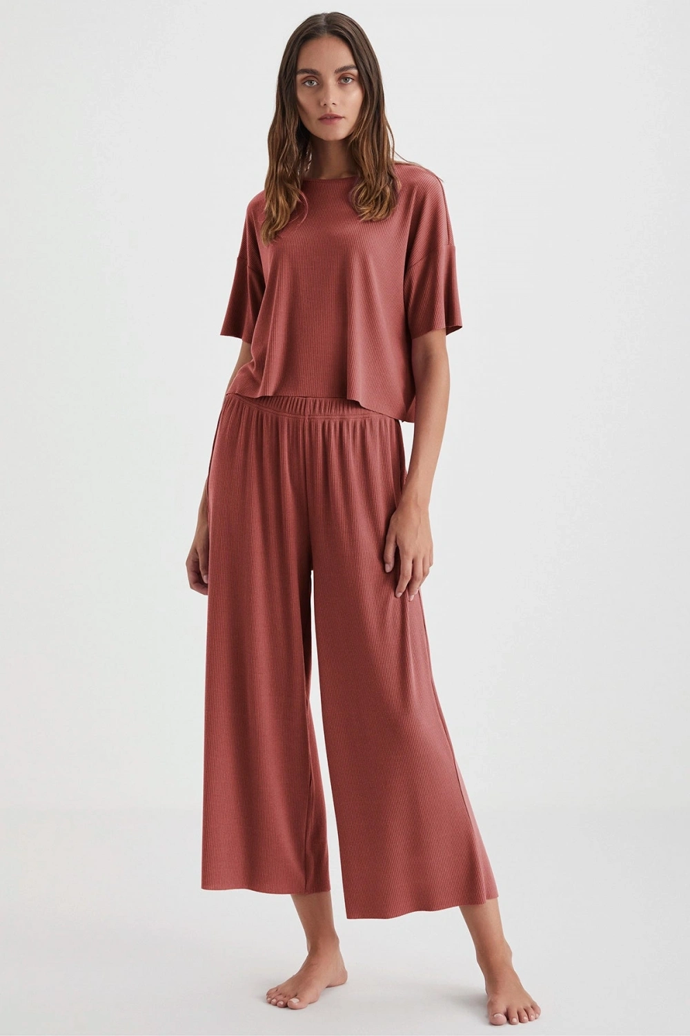Penyemood Bisiklet yaka rahat kesim kiremit pijama takımı 9457