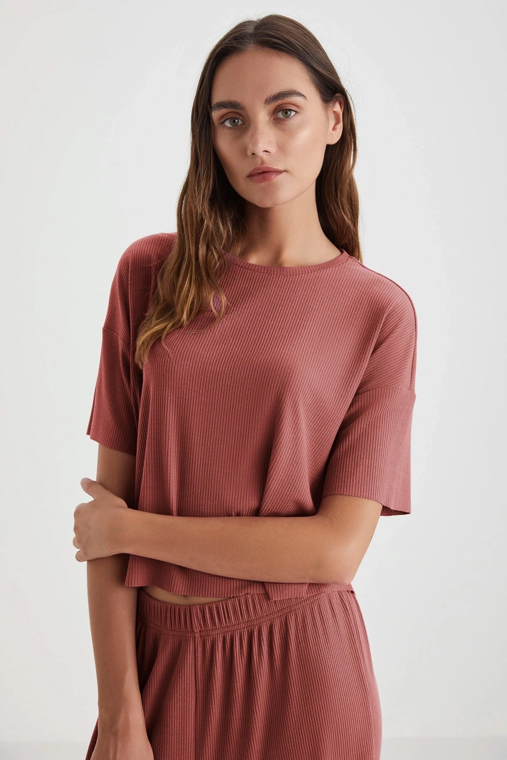 Penyemood Bisiklet yaka rahat kesim kiremit pijama takımı 9457