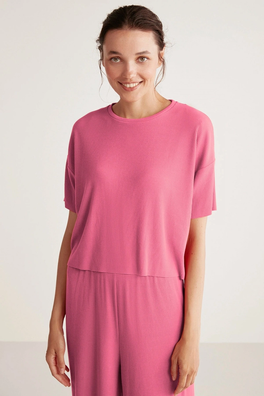 Penyemood Bisiklet yaka rahat kesim pembe pijama takımı 9457