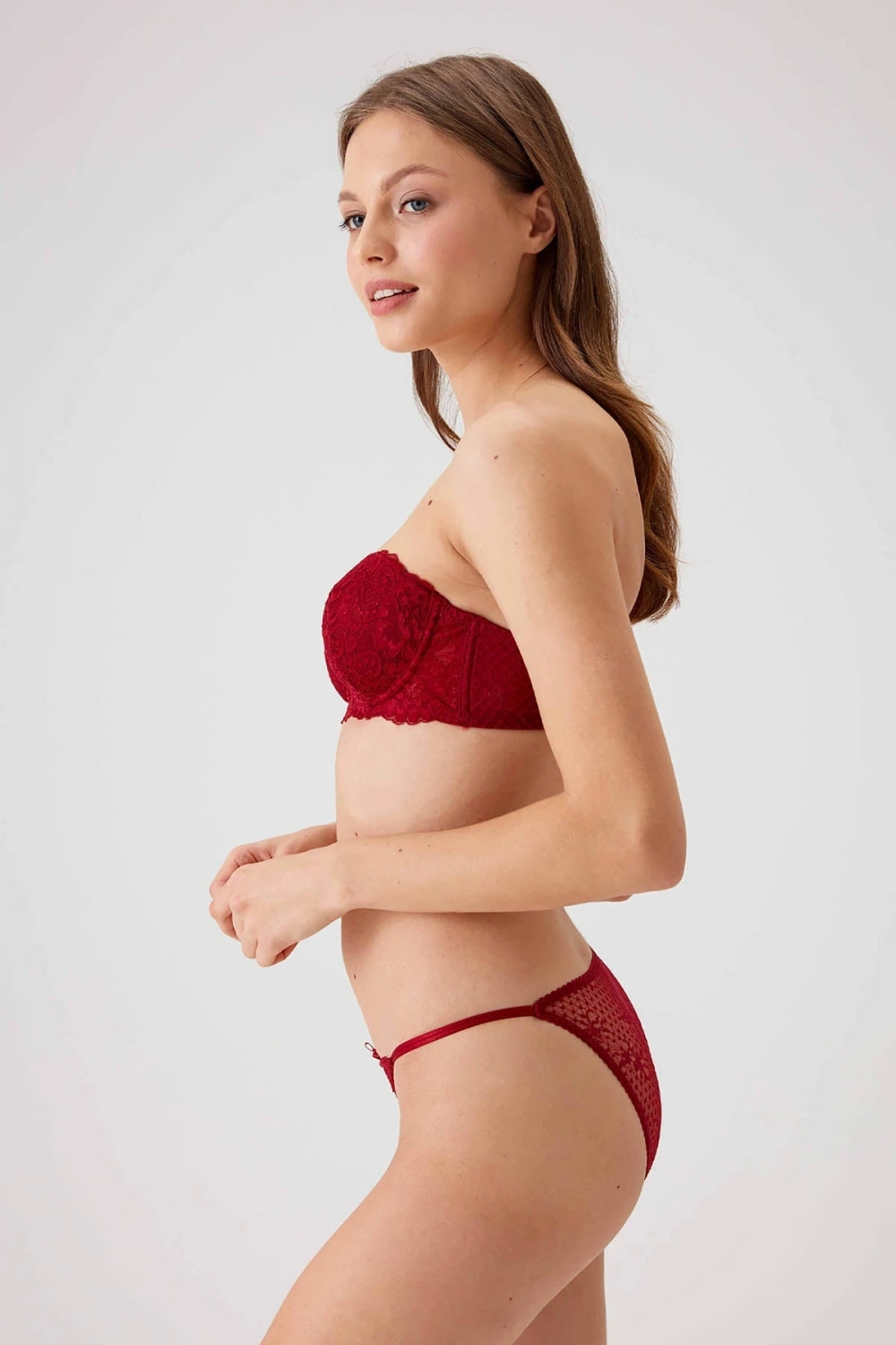 Pierre cardin Siena Balenli Desteksiz Dantelli Straplez Sütyen ve V-Slip İç Çamaşır Takımı Bordo