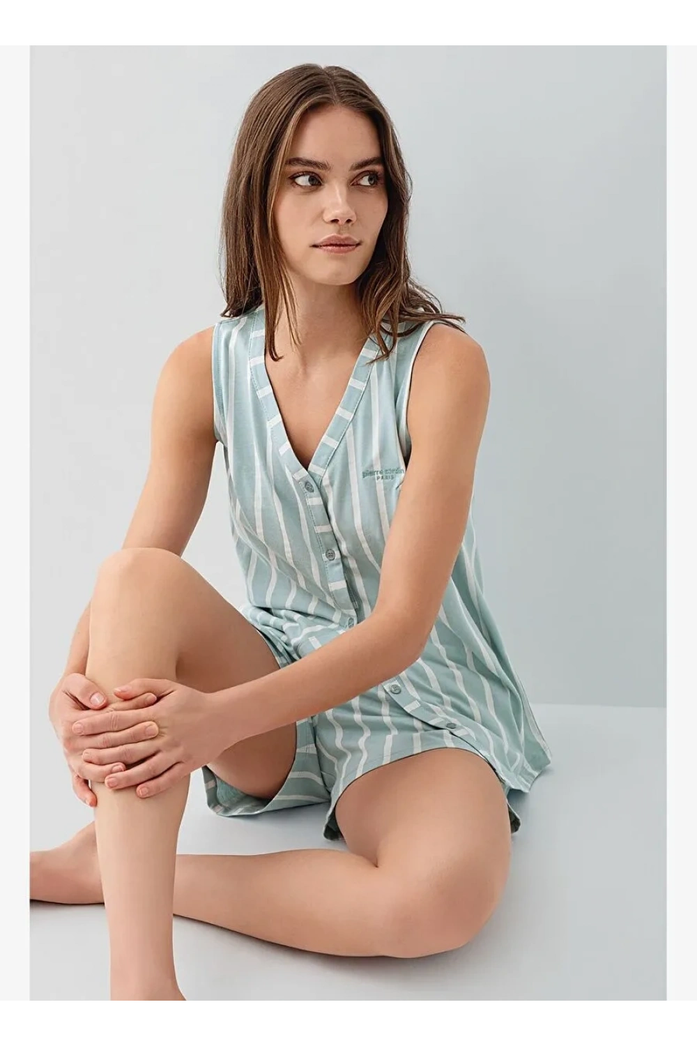 Pierre Cardin su yeşili çizgili kolsuz şortlu pijama takımı