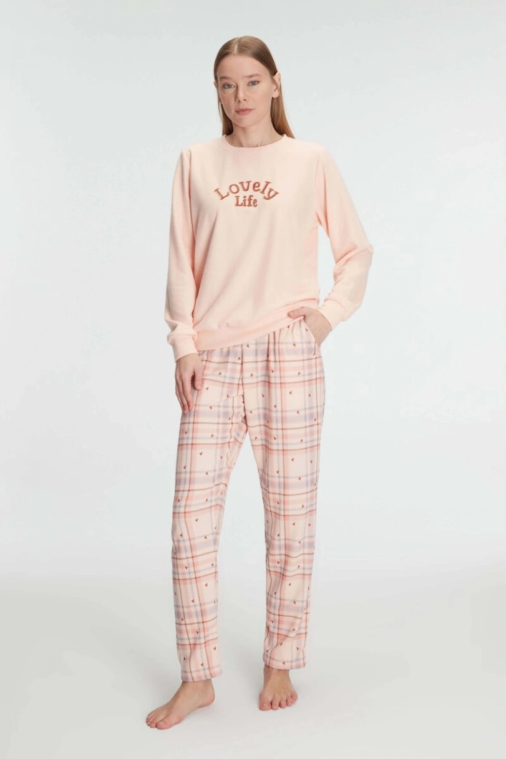 Somon rengi ekoseli pijama takımı