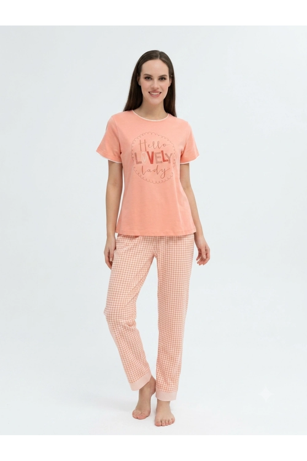 somon rengi kısa kollu altı kareli pijama takımı