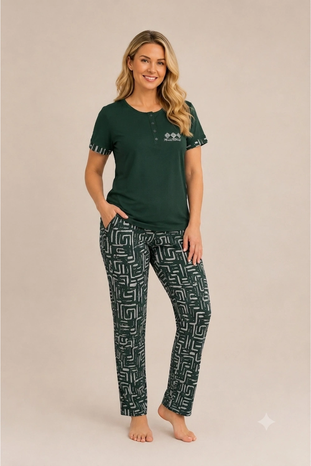 Yeşil %100 pamuk altı desenli pijama takımı