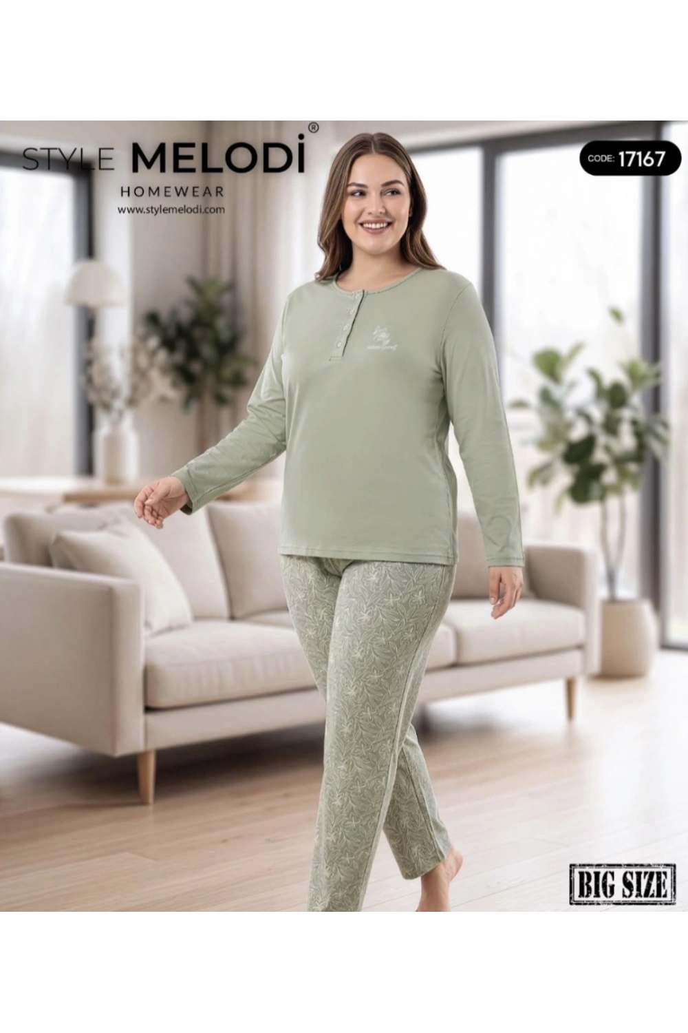 Melodi Yeşil pamuklu büyük beden pijama takımı