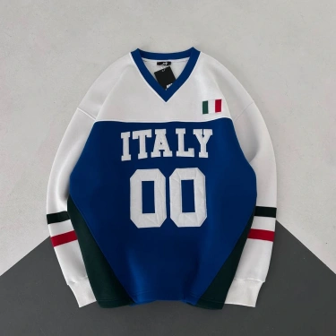 00 ITL Unisex Şardonlu Sweatshirt-Mavi