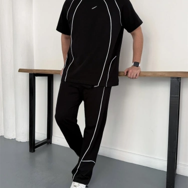 NK Logolu Biyeli Unisex Eşofman Takımı -Siyah