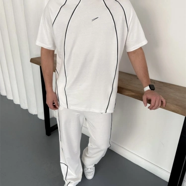 NK Logolu Biyeli Unisex Eşofman Takımı -Beyaz