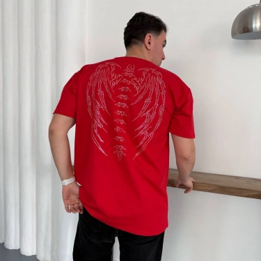 Desenli Taşlı Unisex Tshirt-Kırmızı