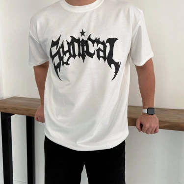 Desenli Taşlı Unisex Tshirt-Beyaz