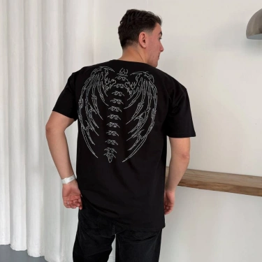 Desenli Taşlı Unisex Tshirt-Siyah