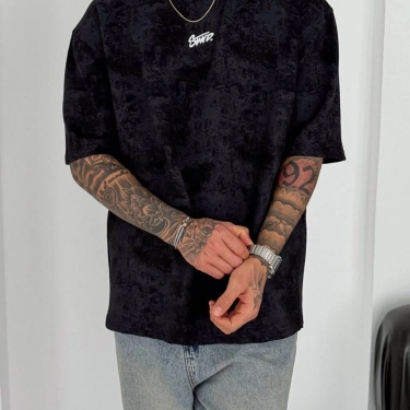 SW Yıkamalı Oversize Unisex Tişört-Siyah