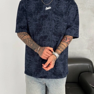 SW Yıkamalı Oversize Unisex Tişört-Lacivert