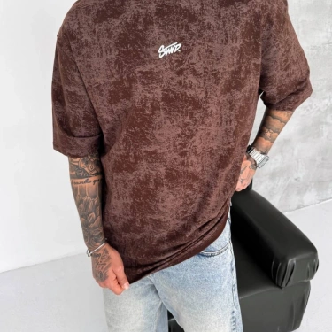 SW Yıkamalı Oversize Unisex Tişört-Kahverengi