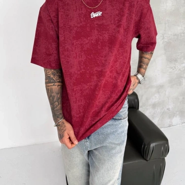 SW Yıkamalı Oversize Unisex Tişört-Bordo