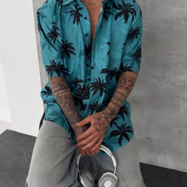 Palmiye Desenli Gömlek-Mavi