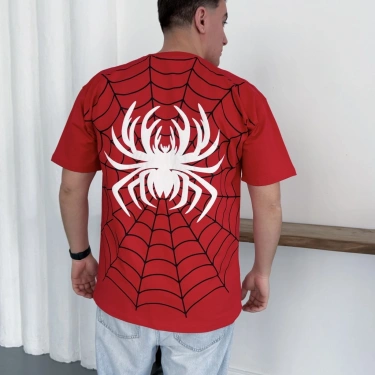 Spider Oversize Unisex Tişört -Kırmızı
