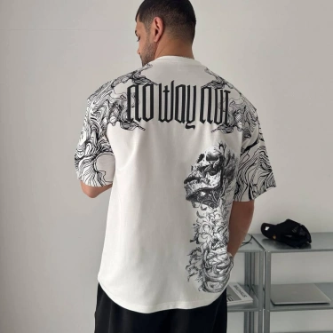Skull Oversize Unisex Tişört - Beyaz