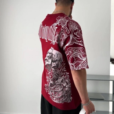 Skull Oversize Unisex Tişört - Bordo