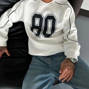 80 Şardonlu Unisex Sweatshirt-Beyaz