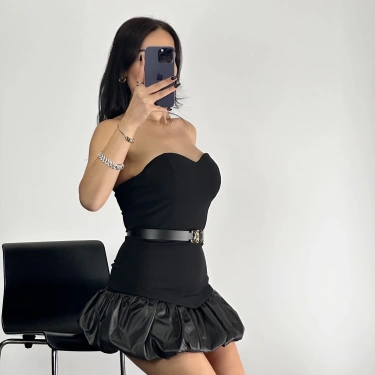 Balon Etek Kemerli Mini Elbise