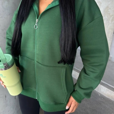 Basic Kapüşonlu Unisex Hırka-Yeşil