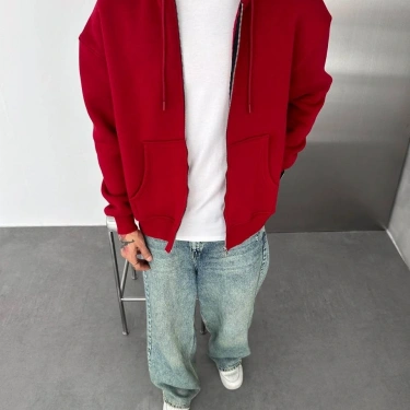 Basic Şardonlu Unisex Hırka - Kırmızı