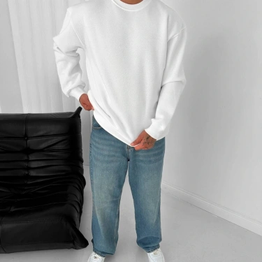 Basic Şardonlu Unisex Sweatshirt-Beyaz