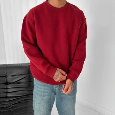 Basic Şardonlu Unisex Sweatshirt-Kırmızı