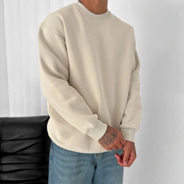 Basic Şardonlu Unisex Sweatshirt-Krem