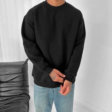 Basic Şardonlu Unisex Sweatshirt-Siyah