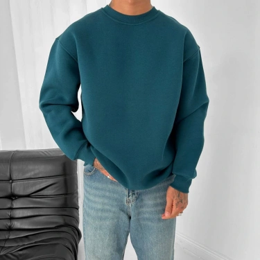 Basic Şardonlu Unisex Sweatshirt-Yeşil
