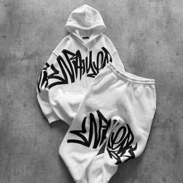 Baskılı Şardonlu Unisex Eşofman Takımı-Beyaz