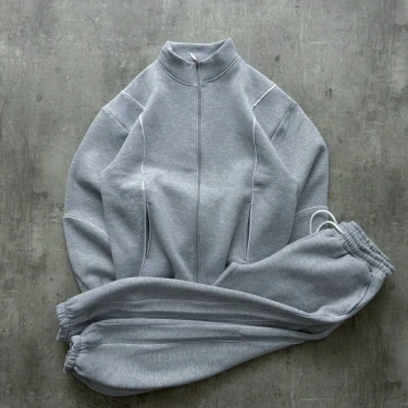 Biyeli Paça Lastik Şardonlu Eşofman Takımı-Gri