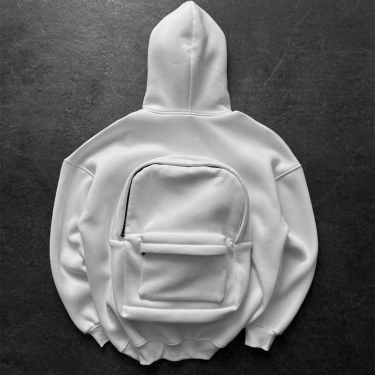 Çantalı Şardonlu Unisex Sweatshirt-Beyaz