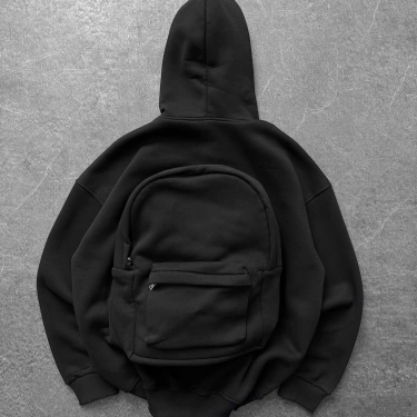 Çantalı Şardonlu Unisex Sweatshirt-Siyah