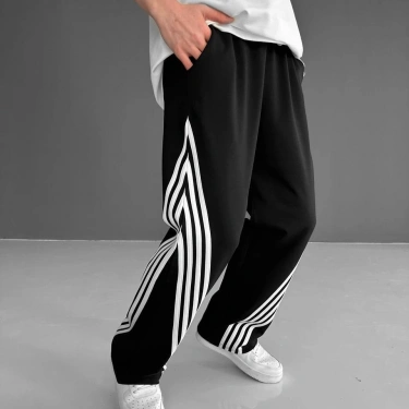 Çapraz Şerit Unisex Baggy Eşofman - Siyah