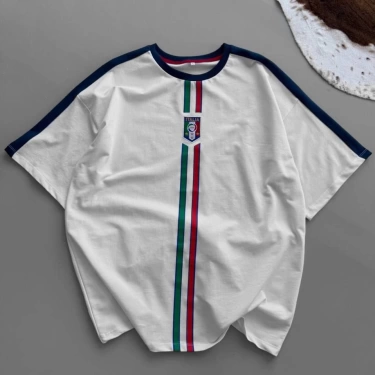 Çift Şerit İTL Oversize Unisex Tshirt - Beyaz