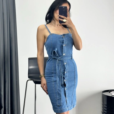 Düğmeli Kemerli Kot Elbise