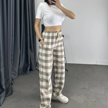 Ekose Desen Unisex Eşofman-Bej