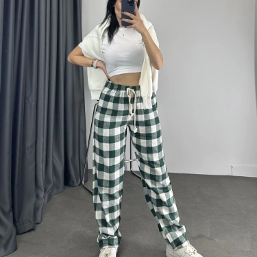 Ekose Desen Unisex Eşofman-Yeşil