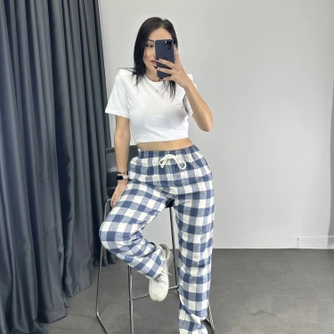 Ekose Desen Unisex Eşofman-Mavi