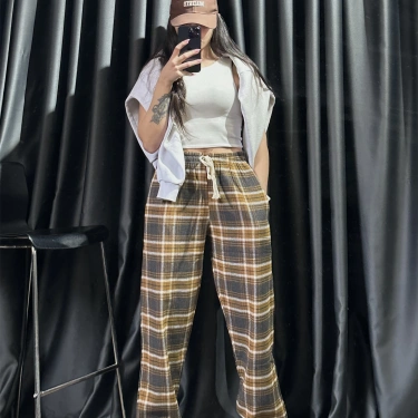 Ekose Desen Unisex Eşofman-Kahverengi