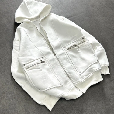 Fermuarlı Cepli Şardonlu Hırka-Beyaz