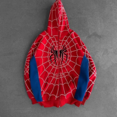 Full Fermuar Spider Unisex Hırka - Kırmızı