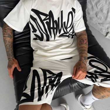 Graffiti Baskılı Unisex Şortlu Takım-Beyaz