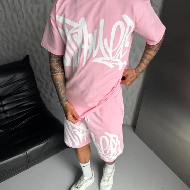 Graffiti Baskılı Unisex Şortlu Takım-Pembe