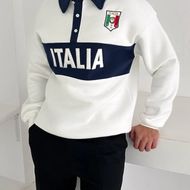 ITL Parçalı Şardonlu Sweatshirt-Beyaz