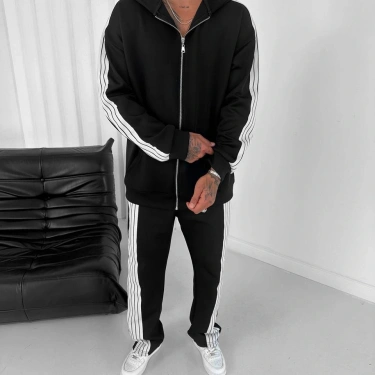 Kapüşonlu Şardonlu Eşofman Takımı-Siyah