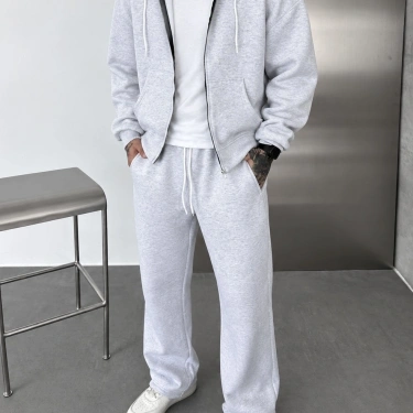 Kapüşonlu Şardonlu Unisex Eşofman Takımı-Gri